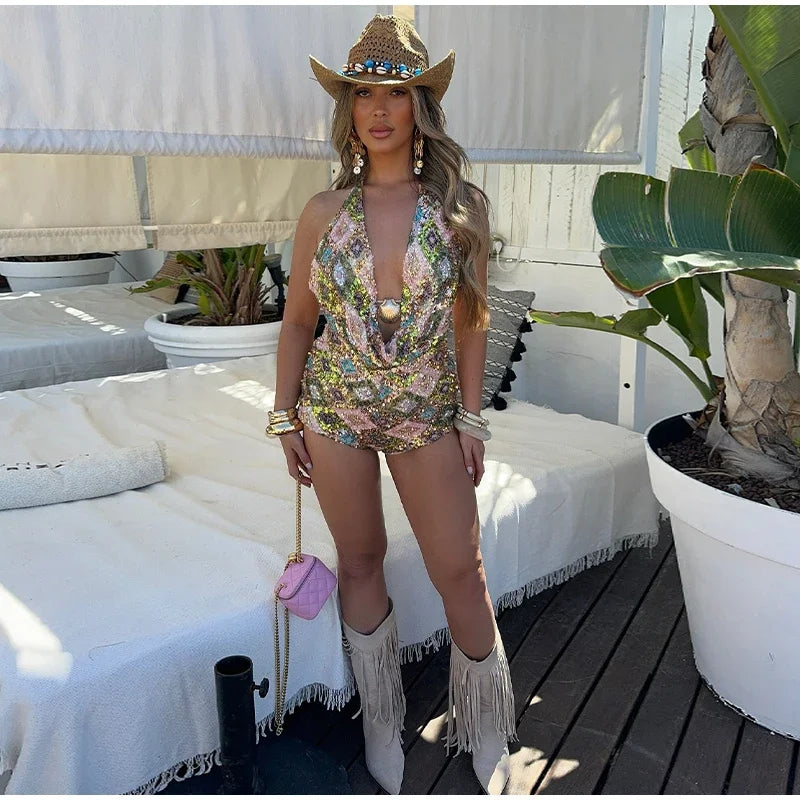 Sexy Sequin Halter Vest Shorts Women 2 Piece Sets Women Sleeveless Backless Vest Hip Package Short Pant 2026 Summer Lady Set ﻿