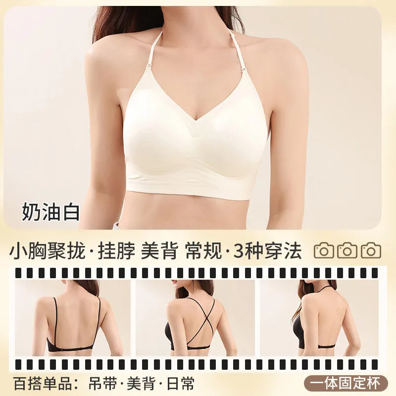 YUQI Push Up Backless Halter Bra Multiway - Seamless U Plunge Cross Front Padded Bra for Small Breast Enhancement ,Sexy Wireless