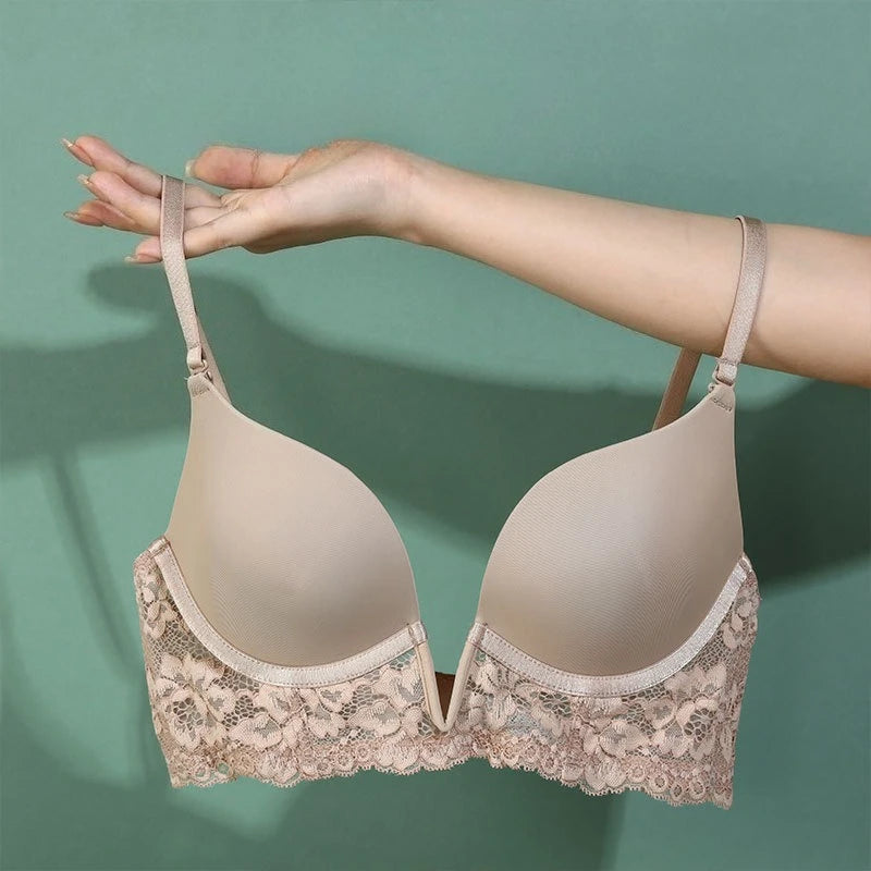 Women Padded Underwired  Push Up Lace Bras for Plunge Deep V Low Back Removable Strap Sexy Lingerie Brassiere Femme Underwear