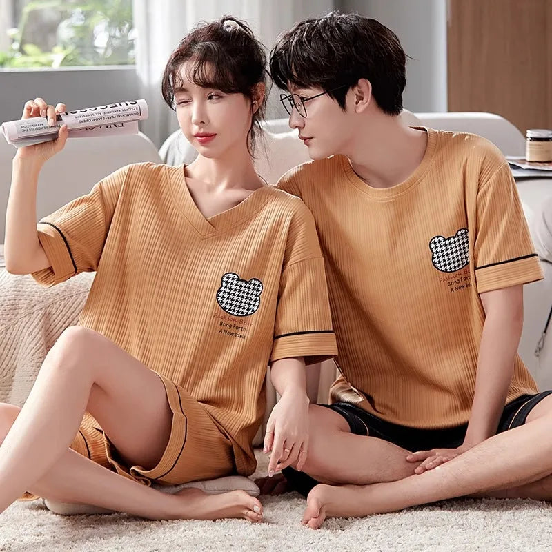 Lovers Pajama Set Cotton Cartoon Cute Nightwear For Men Women Homewear Plus Size Summer Thin Pyjamas Couples Pjs Loungewear
