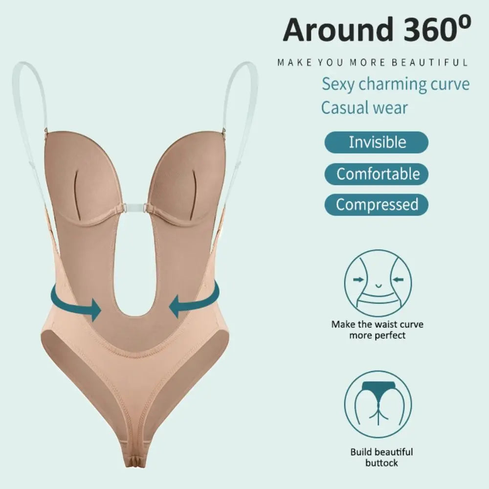 Plunge Bras Thongs Lingerie Full Body Shaper Invisible Push Up Bra U Plunge Backless Underwear Backless Dress