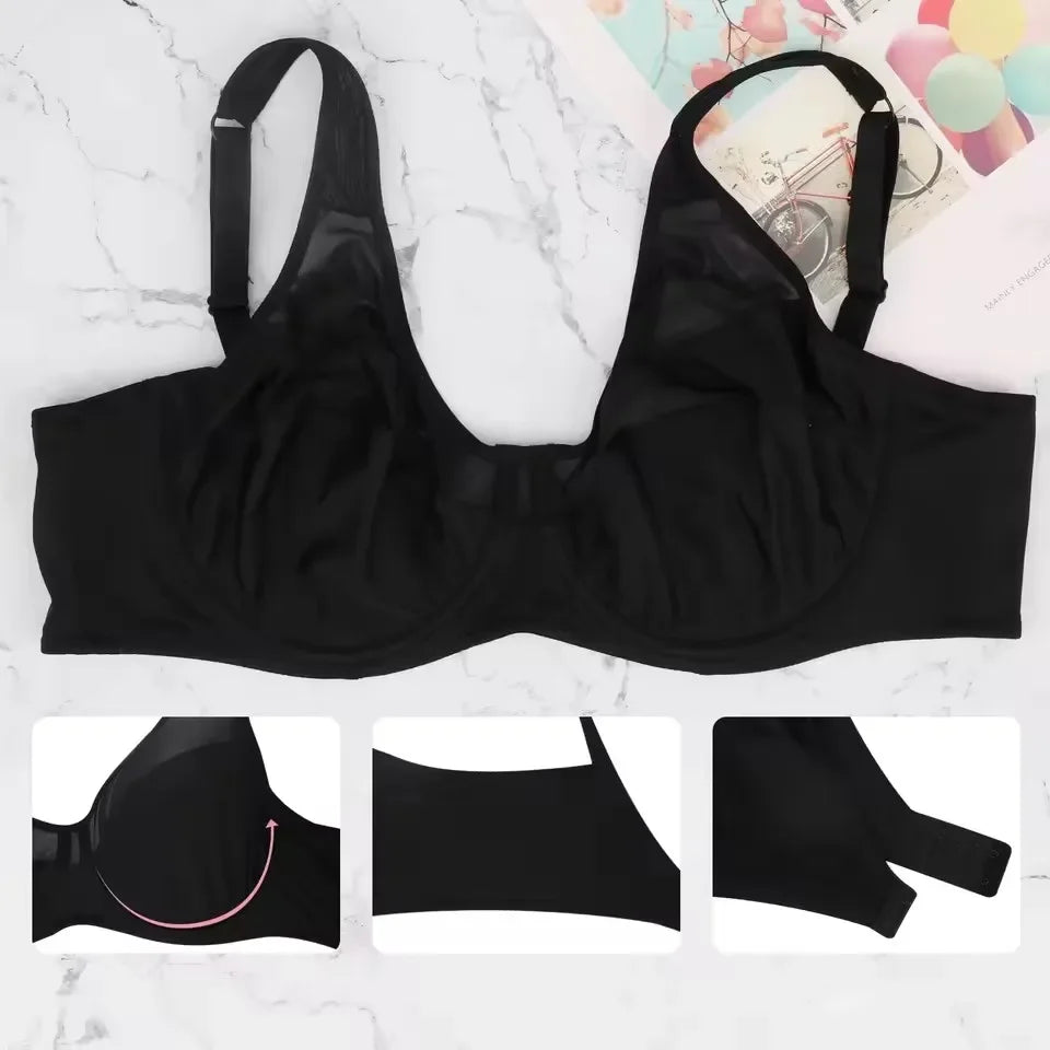 Large Size Women's Full Coverage Minimizer Lace Bra Underwire Non-Padded Soft Everyday Transparent Thin Minimizer Bras CDEFG