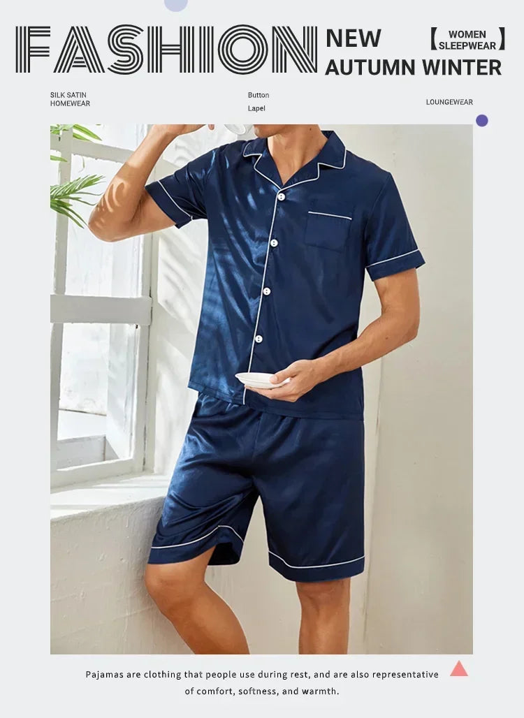 Plus Size Men's Pajama Set Faux Silk Lapel Cardigan Student Homewear Simple Short Sleeve Shorts Set Premium Feeling Solid Colour