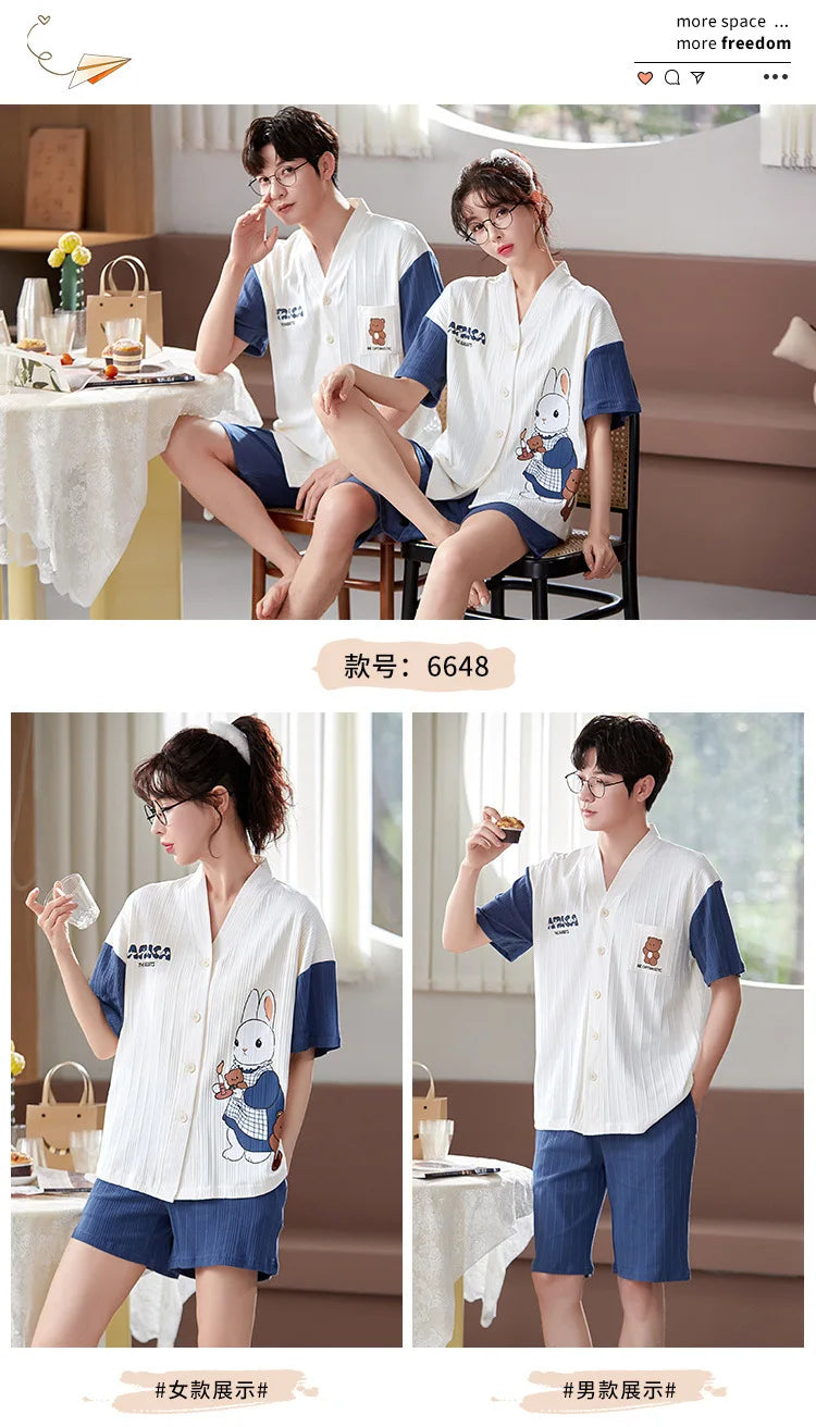 Summer Couple Pajamas Sets Cartoon Men Sleepwear Leisure Cotton Short Sleeve Women Kimono Homewear pijama Homme Mujer Dropship