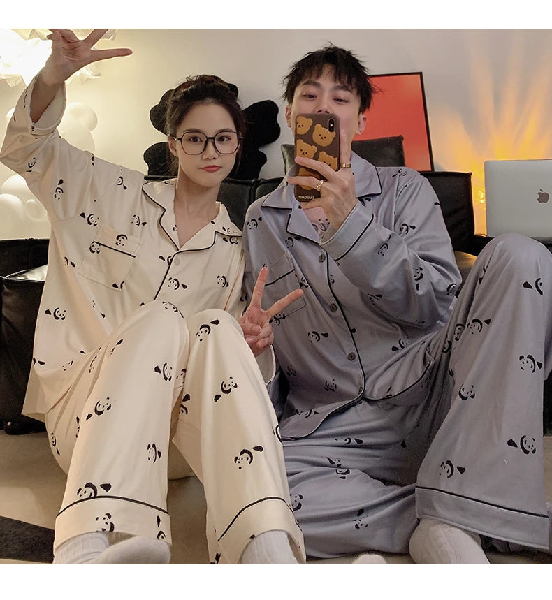 Pajamas Women Pajama Man Set Cotton Plus Size Spring Autumn Long-sleeved Korean Cardigan Casual V-neck Nightwear Couple Pyjamas