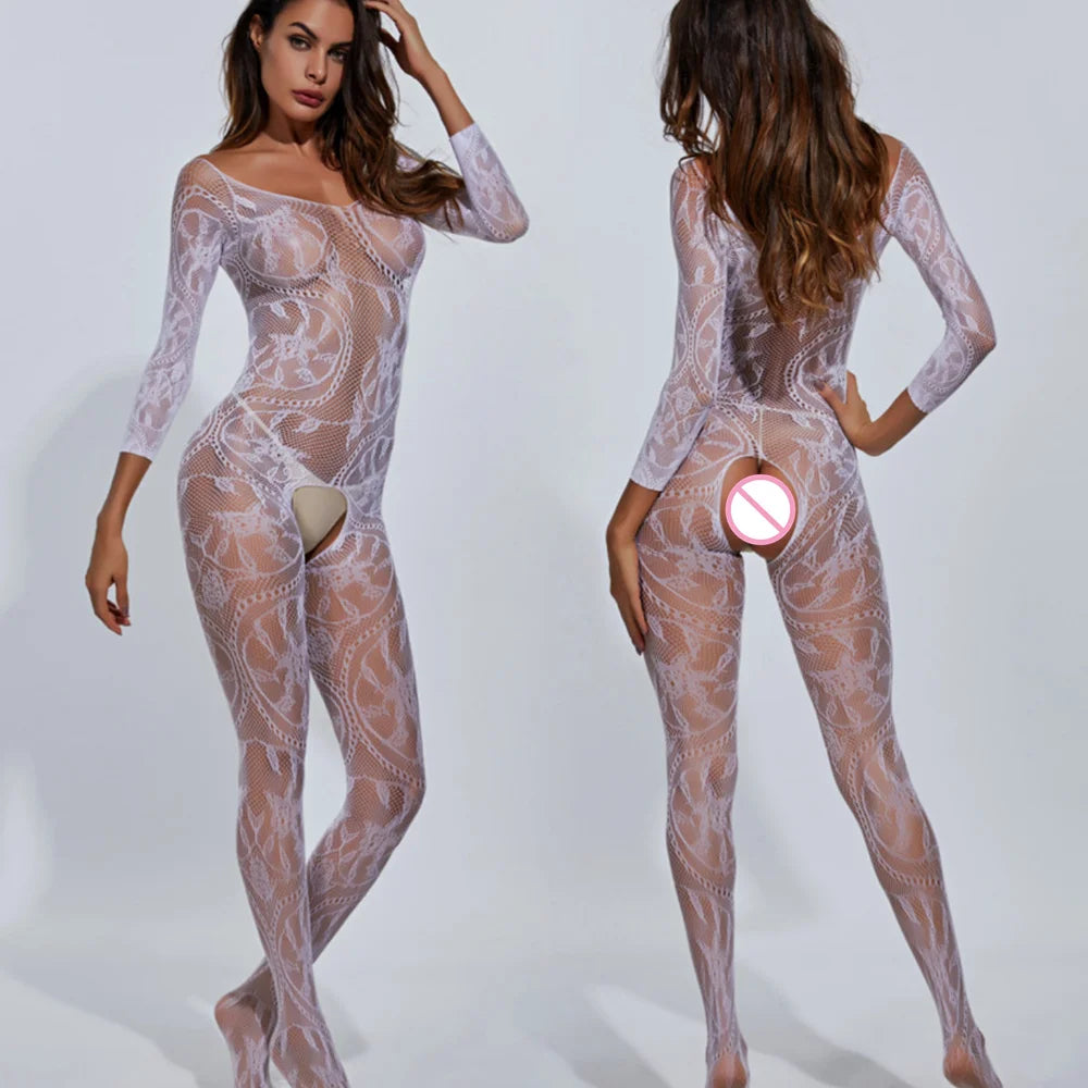 Lingerie Bodysuit White Sexy Open Crotch Bodystocking Erotic Fishnets Body Stocking Underwear Outfits Woman Jumpersuits Costumes
