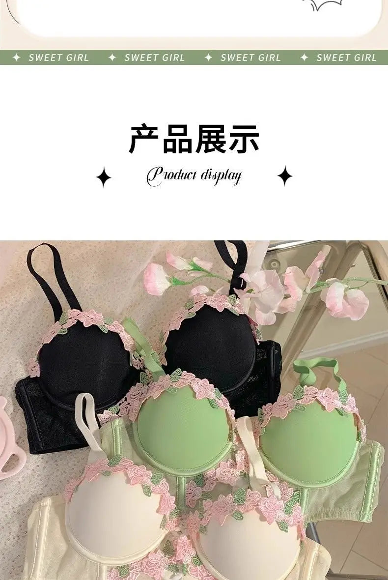 New French Retro Sexy Lace Sweet Floral Embroidery Bra Push-up Bra