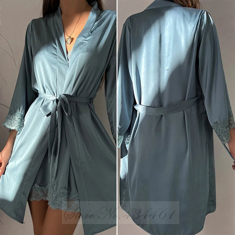 Sexy Lace Twinset Robe Set Nightgown Silky Satin Home Dress Lounge Wear Summer Female Sleepwear Kimono Bathrobe Gown Lingerie