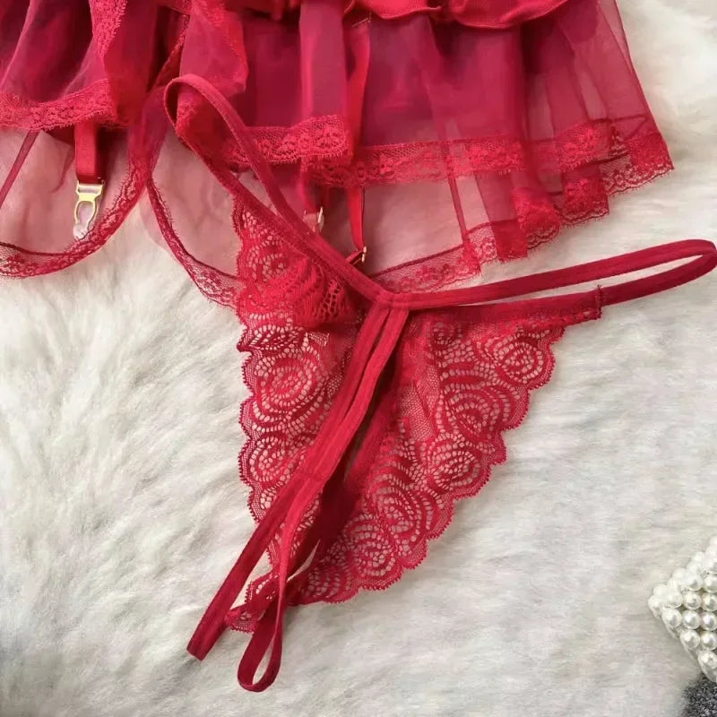 Sexy Lingerie Lace Gauze Elasticity Corset with Chest Pad Straps Belt Underwear Lace Up Body Bustier Overbust Breathable Tops