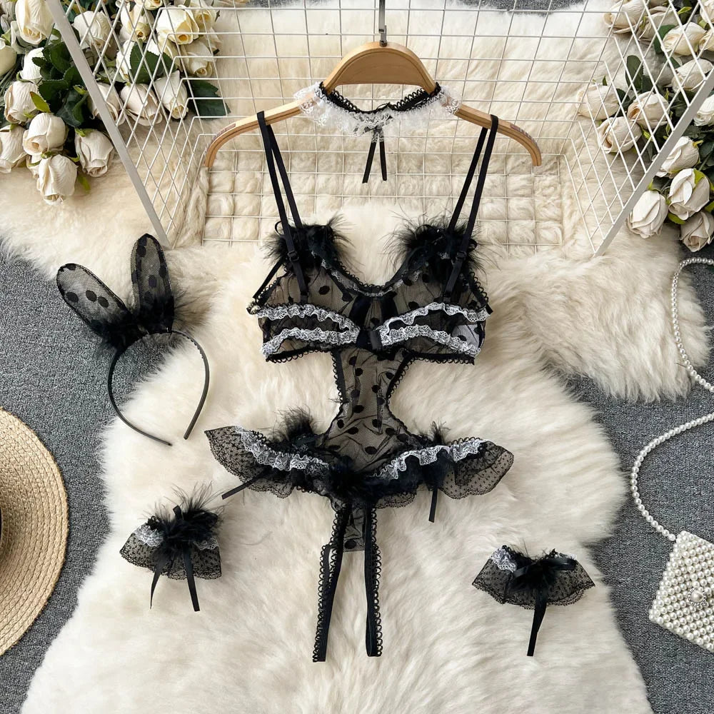 Backless Hotsweet Bow Lingerie For Women See Through Mesh Sexy Bunny Costume Lingerie Bodysuit 4 Piece Jumpsuit Spot Lace Cospla