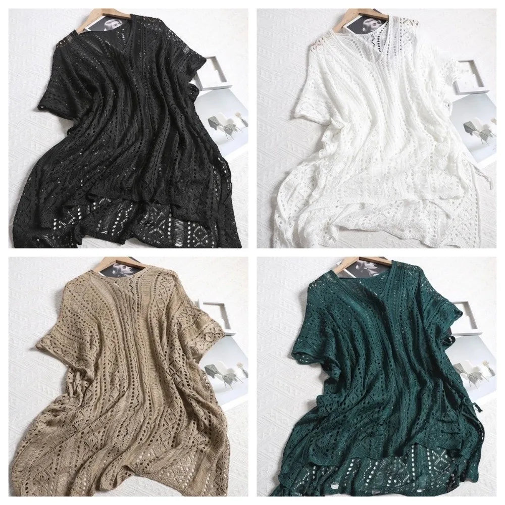 Leisure Oversized Hollow Out Swimsuit Cover Up V-neck Loose Knitted Bikini Cover Up Bohemian Style Mesh Beach Wear Summer