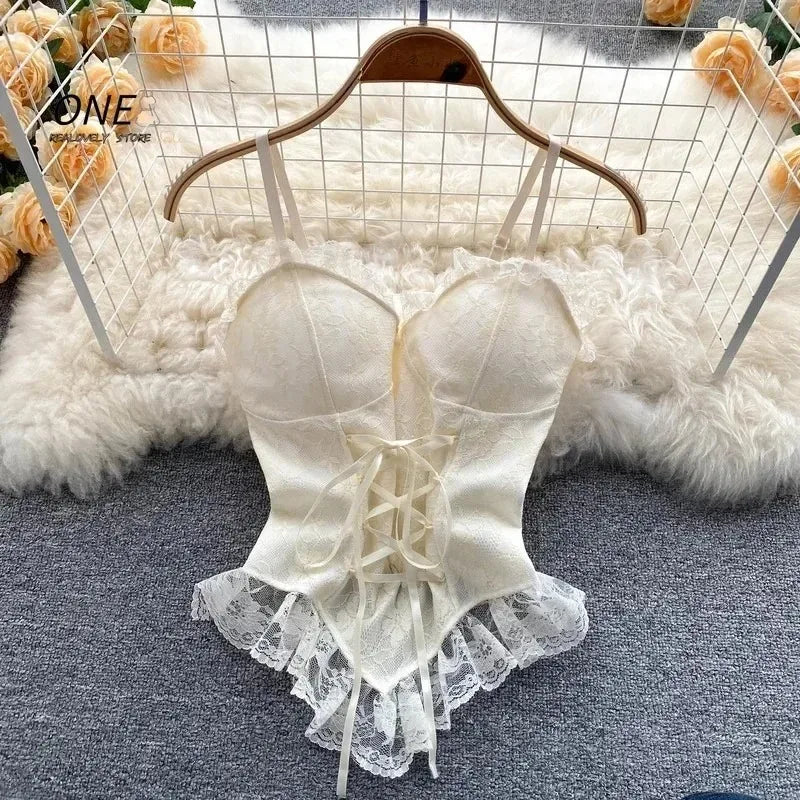 Women Vintage Lace Corset Bustier Spaghetti Straps Tanks and Camis Sexy Slim Crop Top Urban Chic Camisole Fashion Summer Clothes