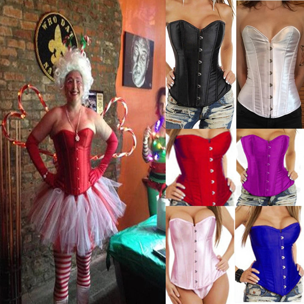 Women's Satin Corsets Top Lace Up Boned Punk Overbust Corset Bustier Lingerie Waist Cincher Body Shaper