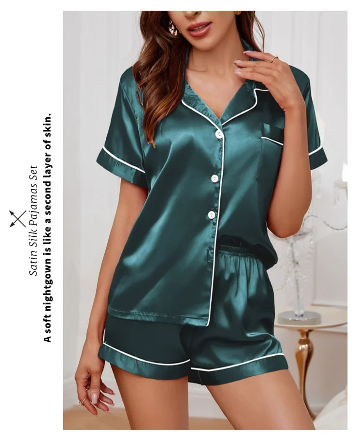 Women's Pajamas Set Summer Short Sleeve Button Down Top & Shorts Two-piece Pj Sets Sleepwear Loungewear Pyjama Femme Nightwear