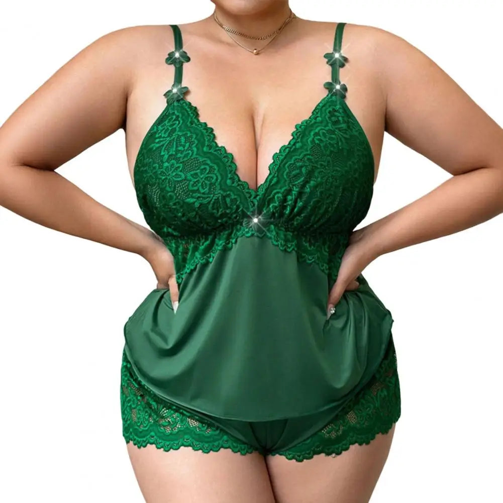 Women Plus Size Pajamas Set Sexy Lace Trim Cami Sleeveless Top And Shorts Nightwear Set Two-Piece Camisole Lounge Sleepwear Set