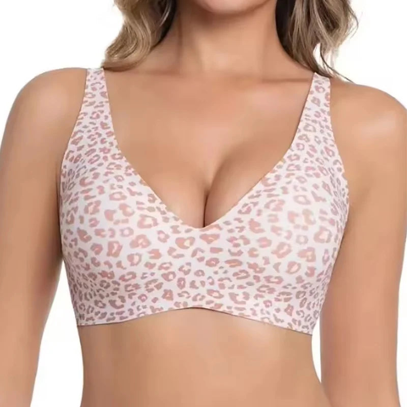 Wireless Seamless Leopard Bra Women's Full Coverage Thin Cup with Soft Support Breathable Fabric Comfortable Plus Size Fit