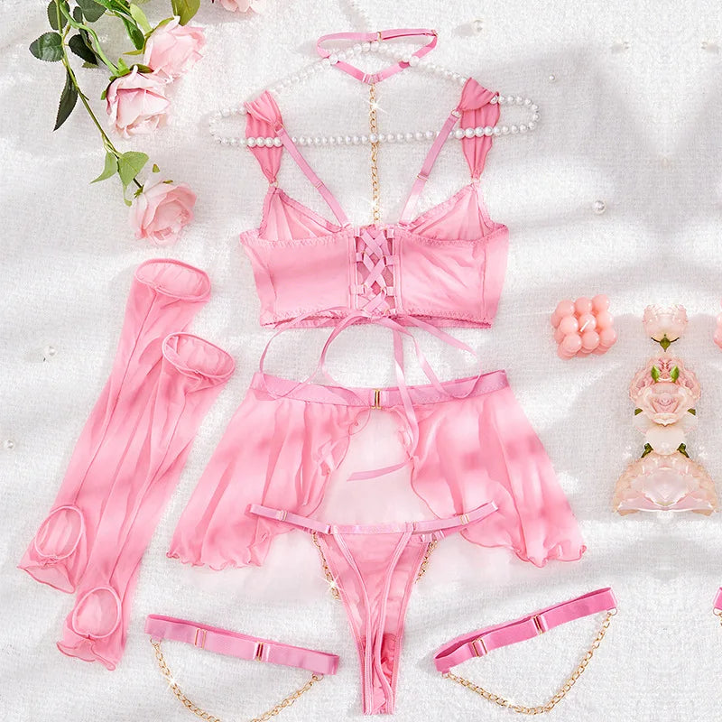 Sexy Lingerie Set with Gloves Pure Desire Skirt Women Solid Perspective Exotic Apparel Suit Female Elegant See Though Underwear