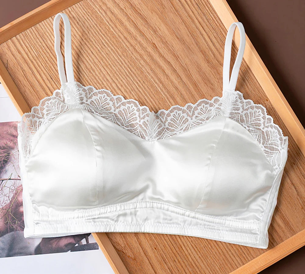 Lace Bralette Bra for Women 19 Momme Mulberry Silk No Underwire Wireless Full Coverage Lightly Lined Adjustable Skinny Strap