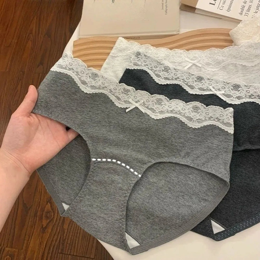 Lingerie Bow Lace Cotton Panties Transparent Seamless Underwear for Women Mid Waist Soft Floral Lace Briefs Spring Summer