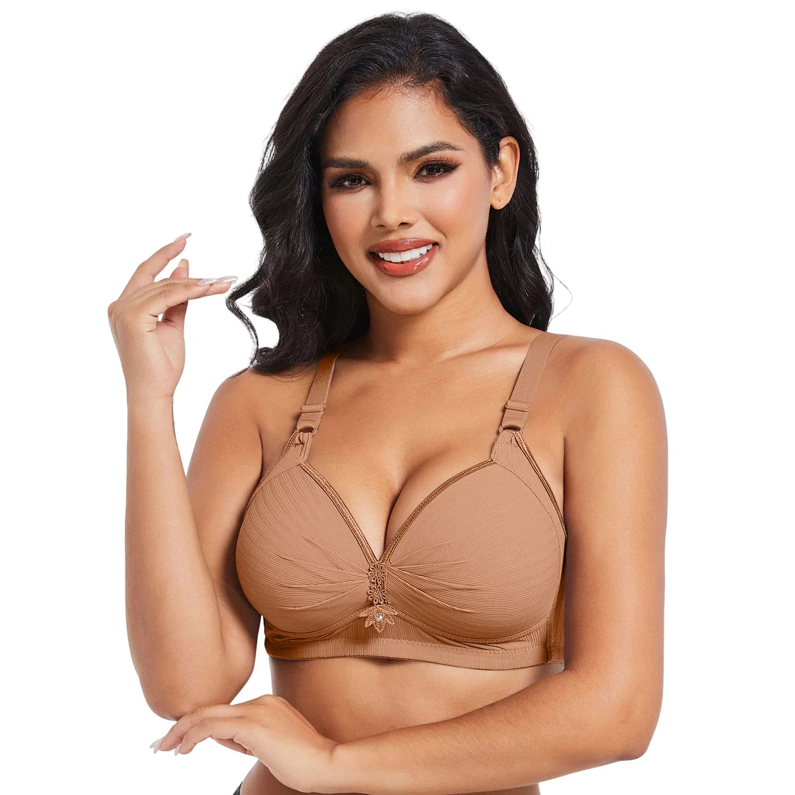 Elegant Skin Tone Textured Bra Chic Wireless Full Coverage Underwear Stylish Push Up Rhinestone Detail Lingerie Women