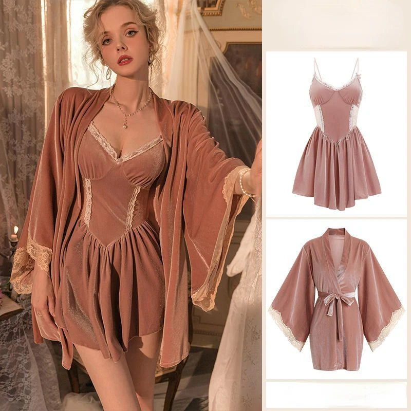 Women Robe Nightwear Lace French Nightgown Sleepwear Hollow out velvet camisole Lingerie Robe 2022 Spring Autumn Set Sexy Sweet