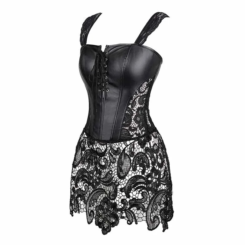 Women's Sexy Burlesque Lingerie Gothic Faux Leather Steampunk Corset Black Lace Bustier Overbust Corsage Korsett Corsets Top