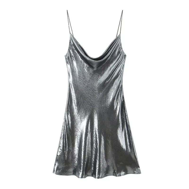 MUJER Slip Dress Women Glitter Backless Short Dresses for Women 2025 Sexy Gold Silver Dress Prom Gala Party Mini Dresses Woman