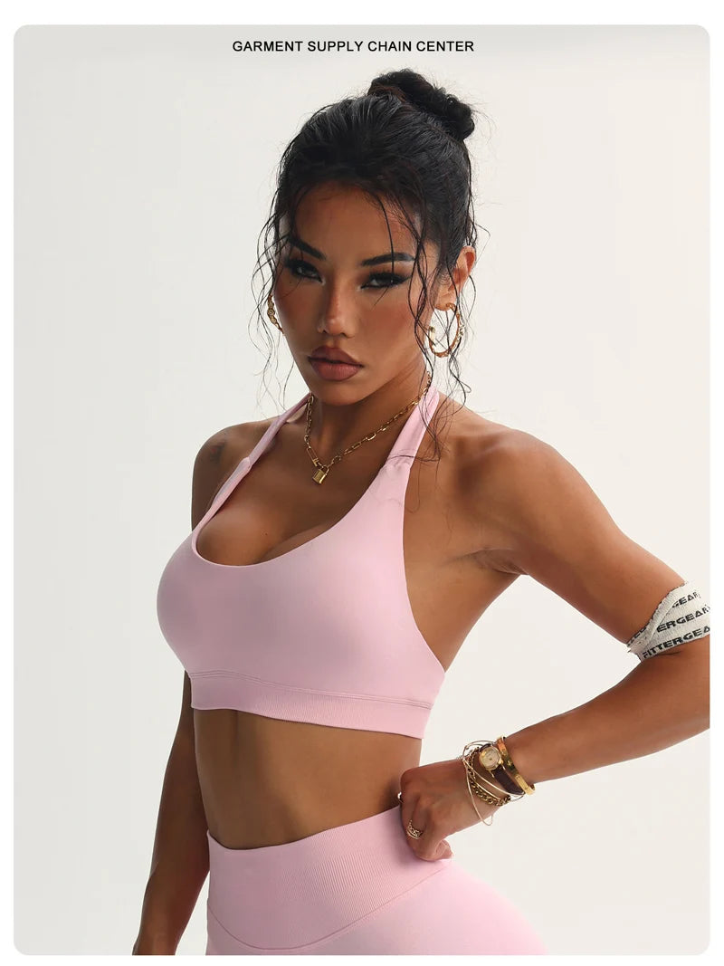 Seamless Halter Sports Bras Running Sexy Open Back Yoga Bra Padded Brassiere Sport Woman Fitness Gym Top Activewear