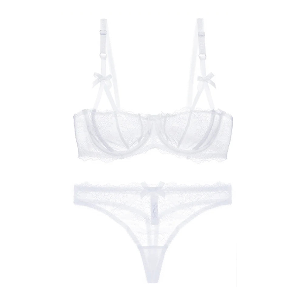 Varsbaby Women's Sexy Lace Transparent 1/2 Cup Lingerie Set Unlined Bras+Thongs Bra Set ABCD Cup