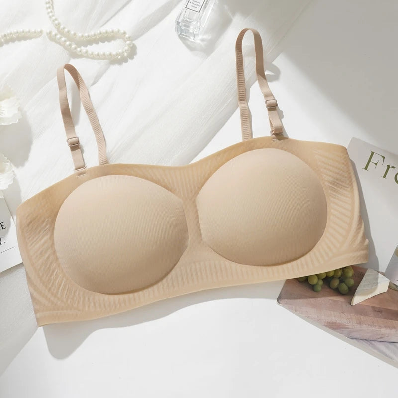 Women's Invisible Push Up Bras Spring Summer New Cool Detachable Shoulder Strap Underwear Silicone Anti Slip Thin Solid Bra
