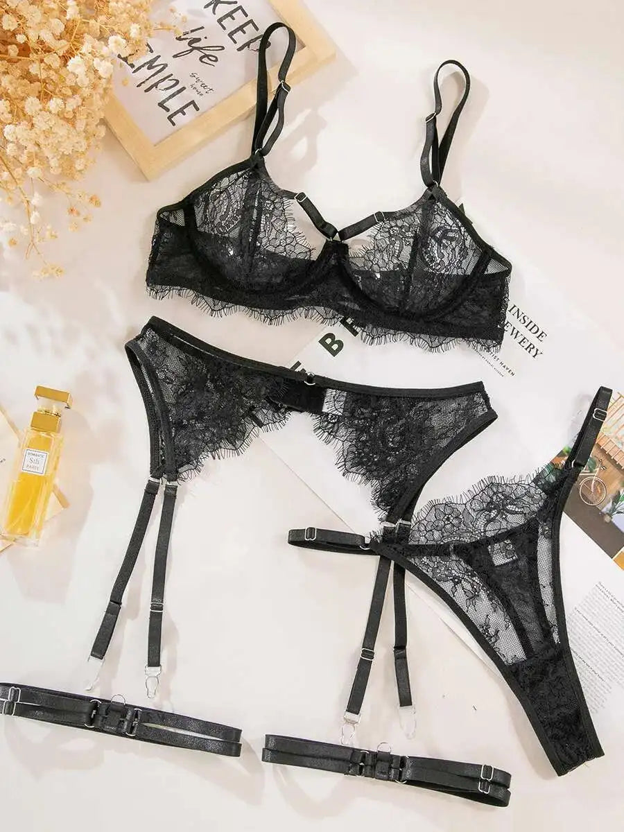 Sexy Lingerie Seduction Set Sexy French Eyelash Lace Hollow Bra Garter Belt Four Piece Bodysuit Sets Charming Beautiful EM6S
