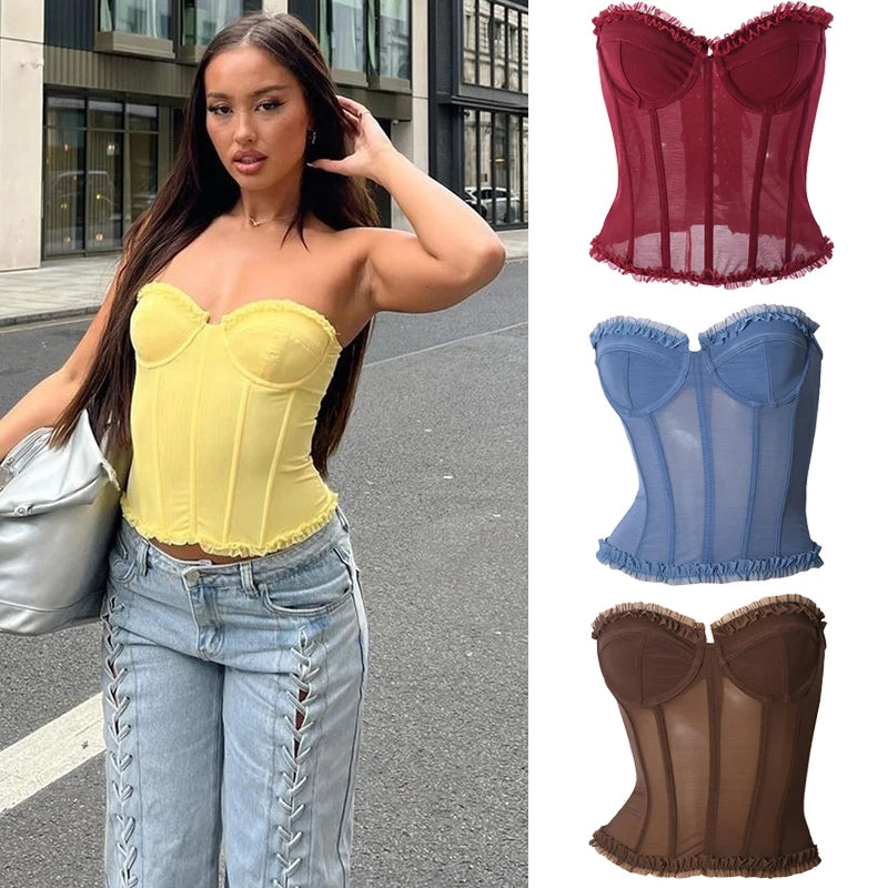 Women Sheer Lingerie Streetwear Lace-up Bustier Corset Tops Slim Backless y2k Tank Top Strapless Striped Sheath Sexy Camisole