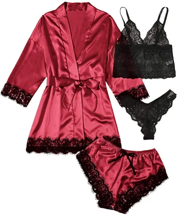 Spring and Autumn Women's Sexy High-quality Lace Camisole Pajamas Soft Comfortable Breathable and Comfortable 4-piece Set