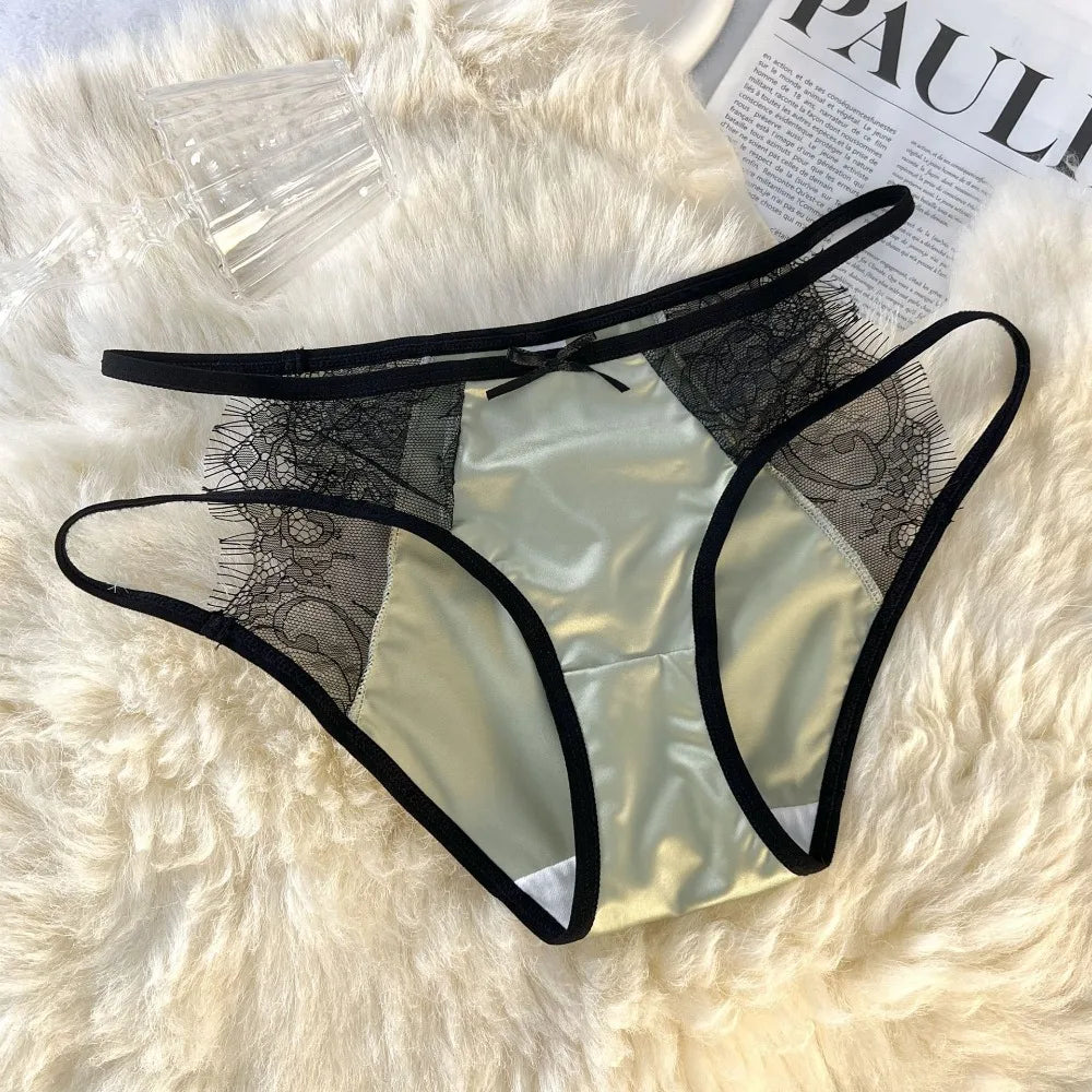 Lingerie Low Waist Underwear for Women Bow Transparent Sweet Lace Panties Hollow Mesh Satin Silk Briefs Girl