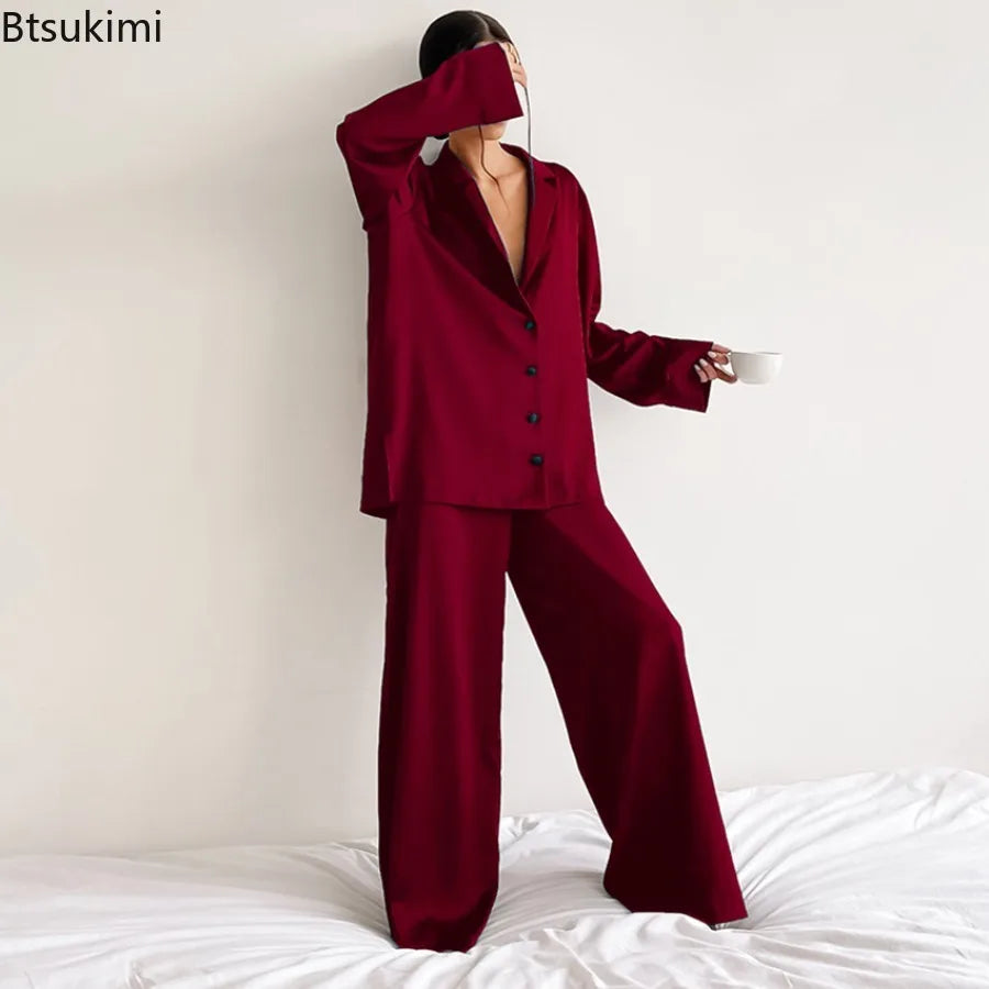 2026 Sexy Low Cut Pajama Sets for Women Loose Casual Long Sleeve Trouser Home Wear 2pcs Sets Solid Satin Silk Female Pijama Suit