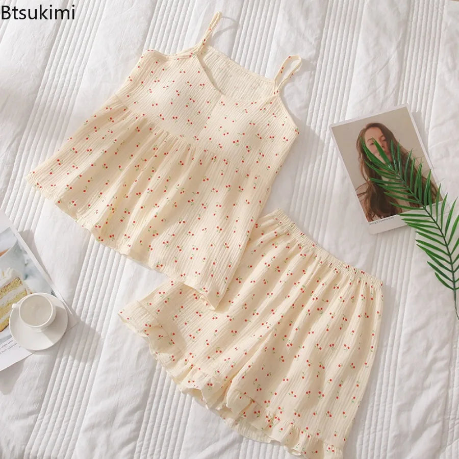 2026Women's Summer Cotton Sleepwear Sets Girl's Camisole Vest with Chest Cushion Shorts Cute Floral Two-piece Home Suit Set 2PCS