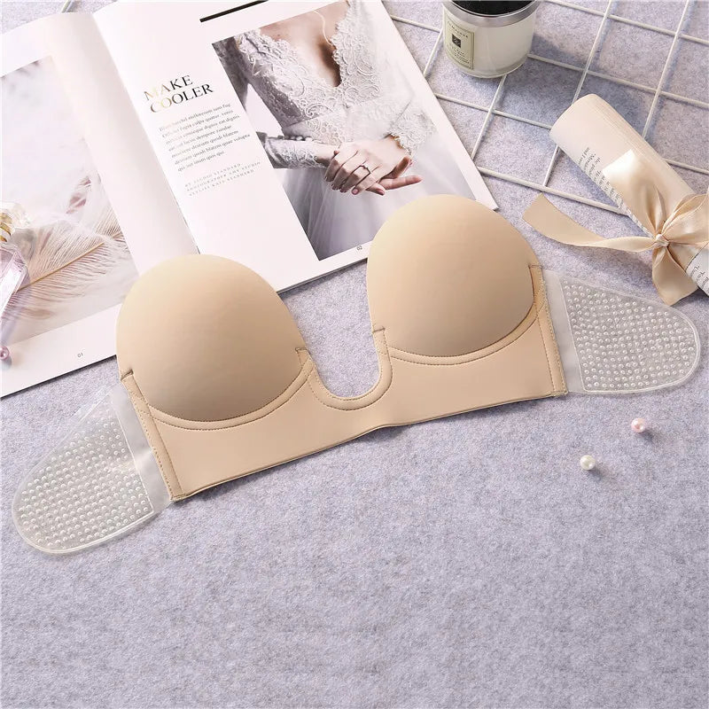 Strapless Bras Invisible Push Up Bra Silicone Brassiere Deep U Underwear Dress Wedding Party Sticky Self-adhesive