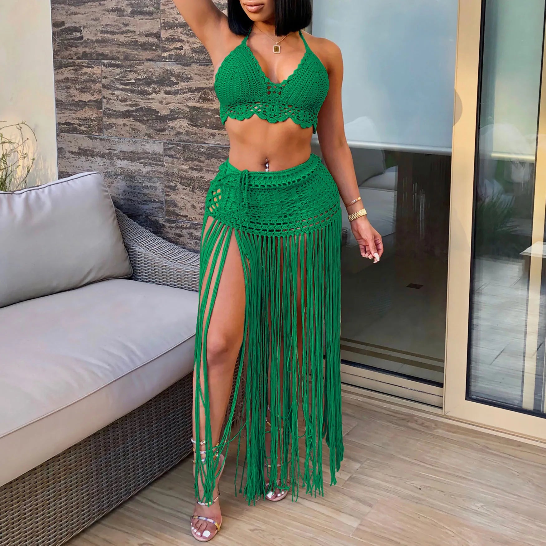 New Women's Two Pieces Swimsuits Beach Style Knitted Bikini Tops High Waist Tassel Long Skirts Female Sexy Cover Up Bikini Sets