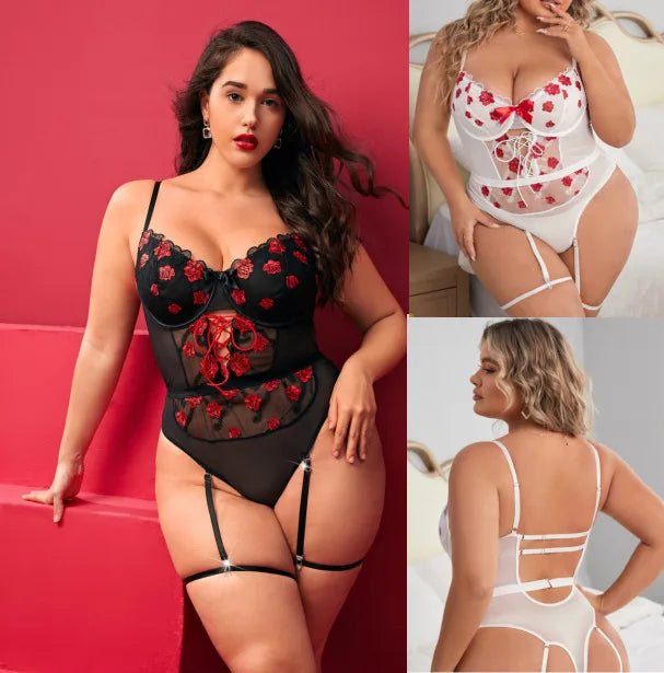 Curvy Women Rose Embroidered Lace Lingerie Bodysuit Sheer Mesh Garter Teddy Corset Babydoll Sexy Exotic Nightwear