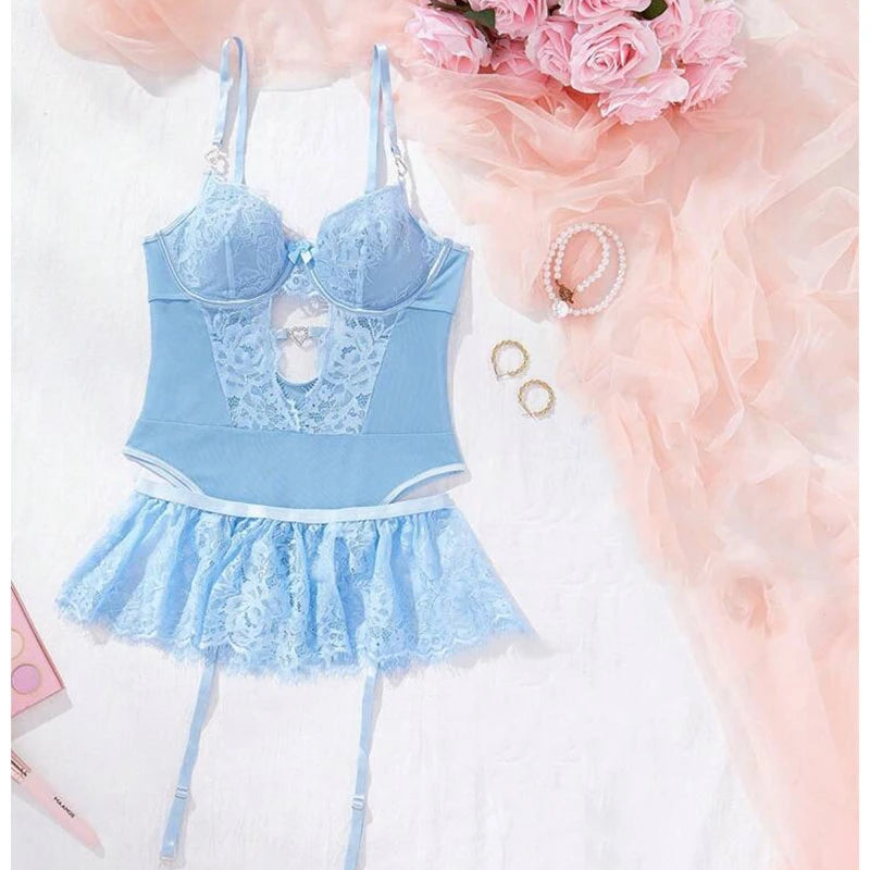 Hot Erotic Lingerie Sets See-Through Lace Underwear Sissy Bra Transparent Bilizna Sexy Costumes Garter Porn Sex Outfit