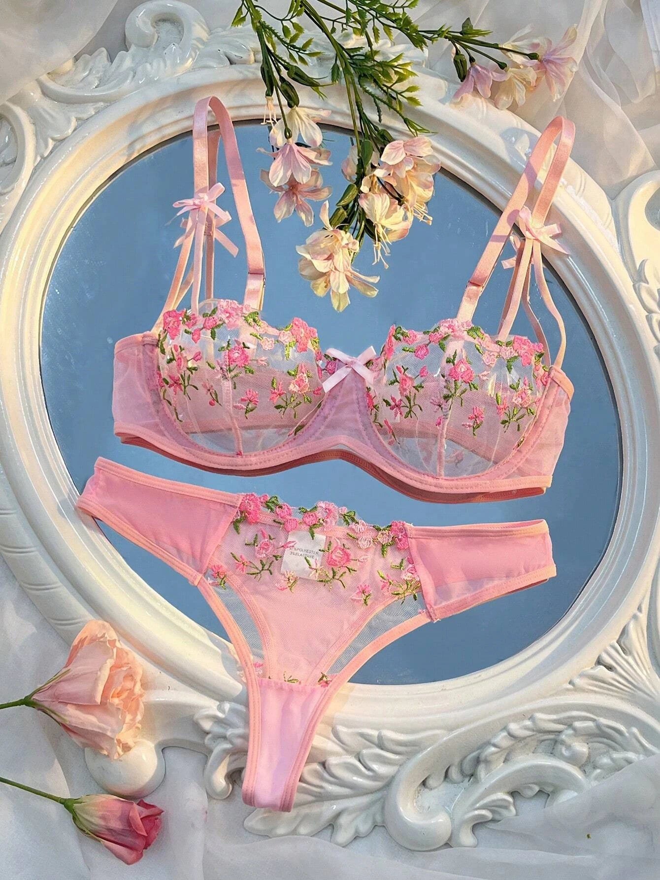 Erotic Lingerie Female Bra And Brief Women Floral Embroidory Underwear Set Sexy Lace Transparent Sensual Push Up Lingerie Sets