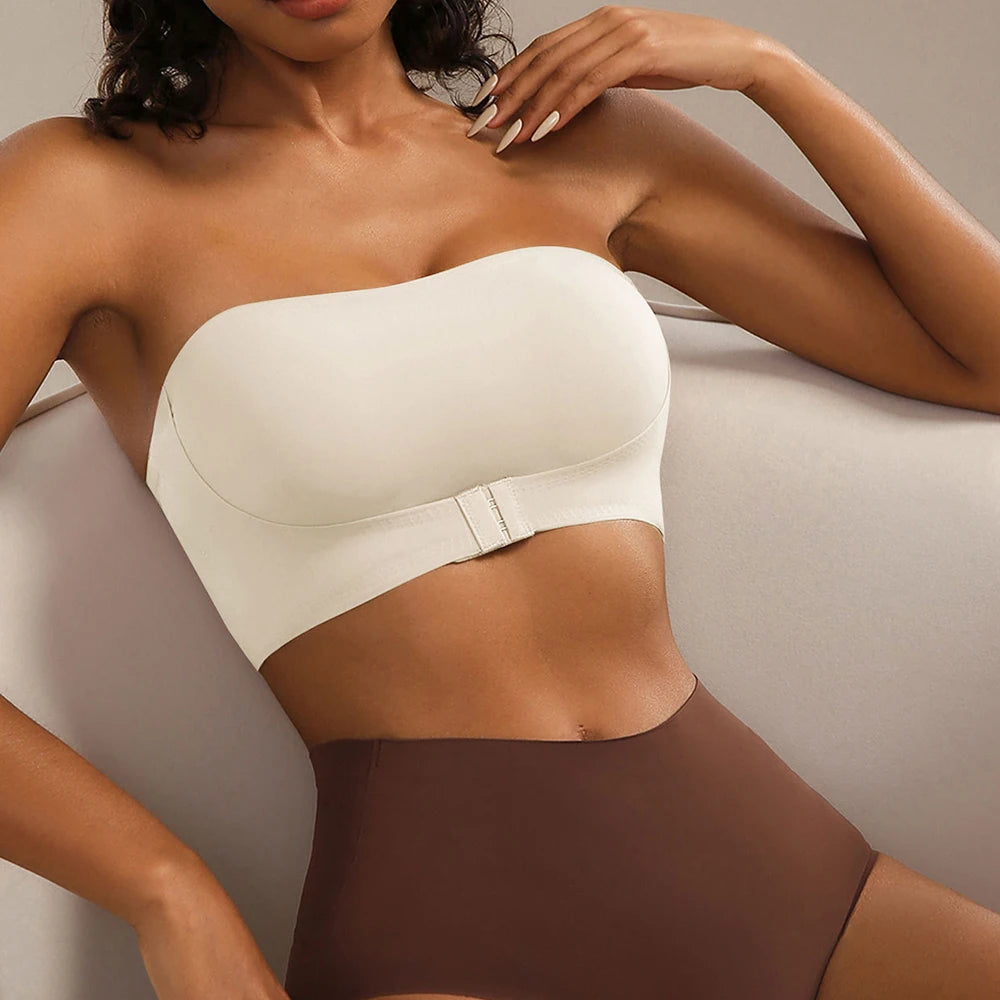 Women's Strapless Push Up Bra Sexy Seamless No Padding Front Button Bra Comfortable Smooth Backless Non Slip Unlied Brassiere