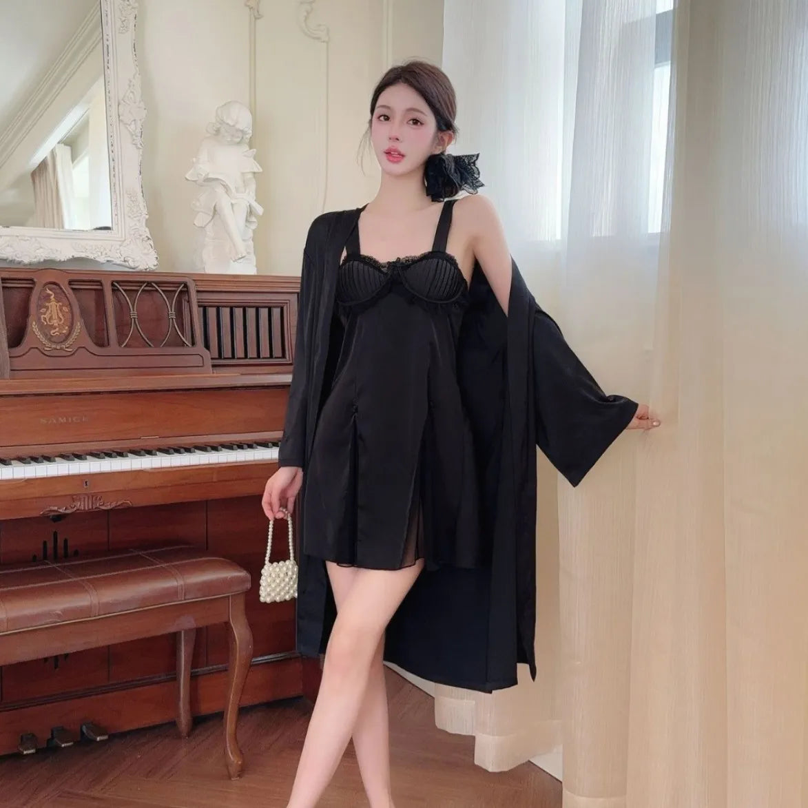 Sexy Women Robe Nightgown 2PCS Set Patchwork Lace Suspender Nightdress Lingerie Summer Sleepwear Home Dress Loungewear