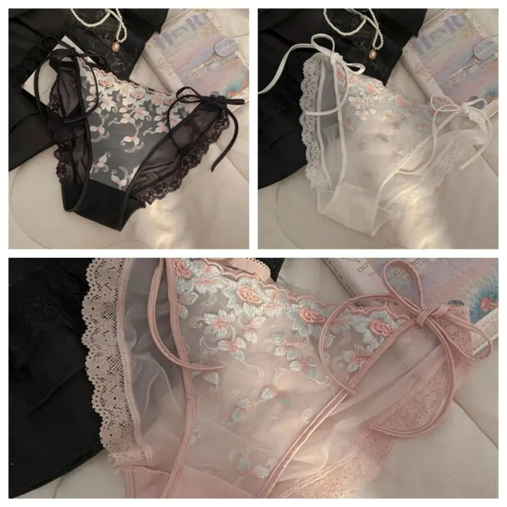 Lingerie Low Waist Embroidery Flower Panties Transparent Sweet Underwear for Women Cotton Crotch Lace-up Underwear Girl