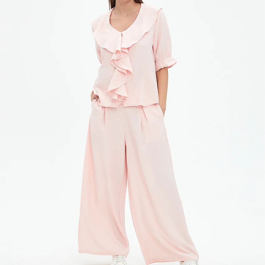Women Linen Pajama 2 Piece Set Short Sleeve Front Ruffle Shirt PJs Pants Lounge Cute Sleepwear Casual Homewear Set