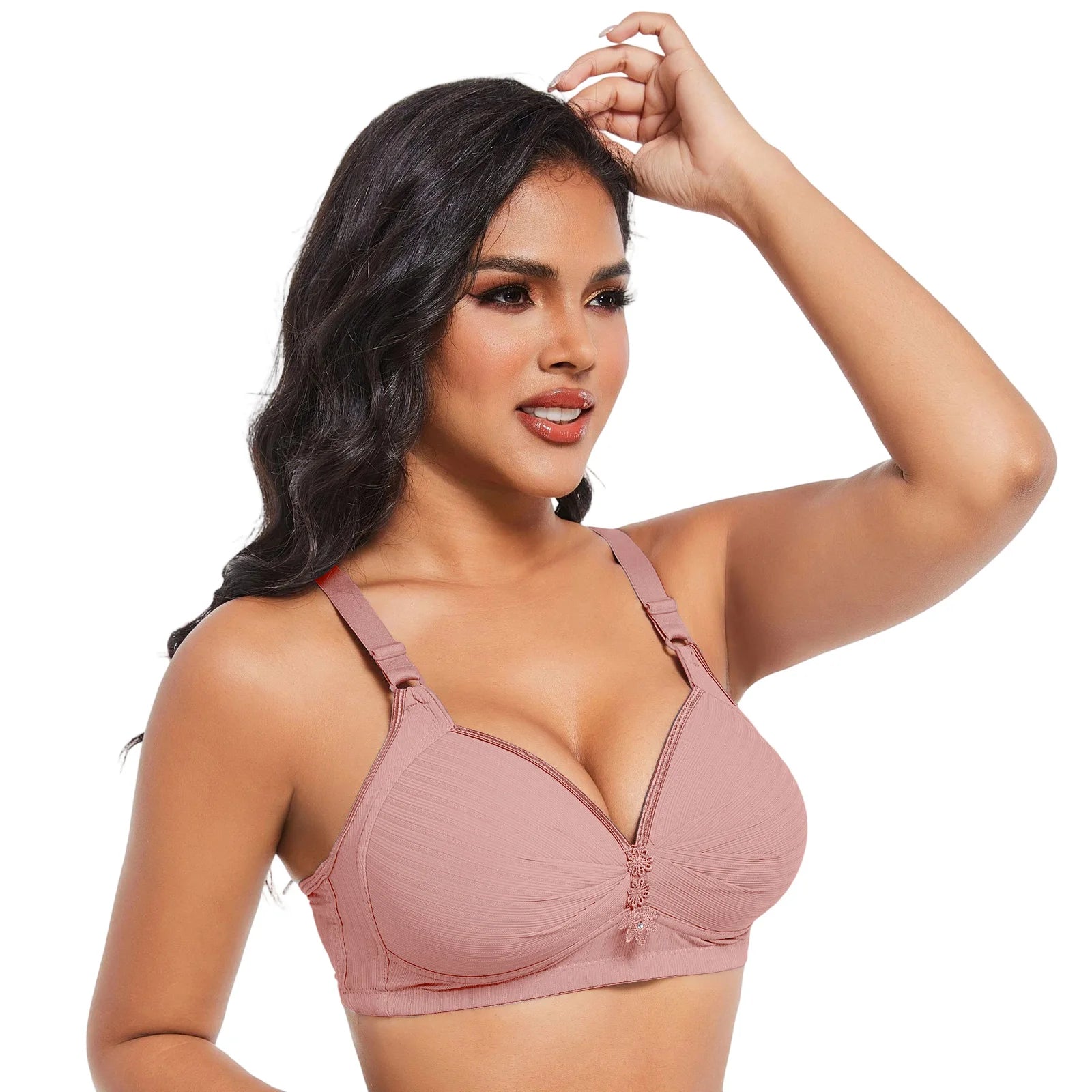 Elegant Skin Tone Textured Bra Chic Wireless Full Coverage Underwear Stylish Push Up Rhinestone Detail Lingerie Women