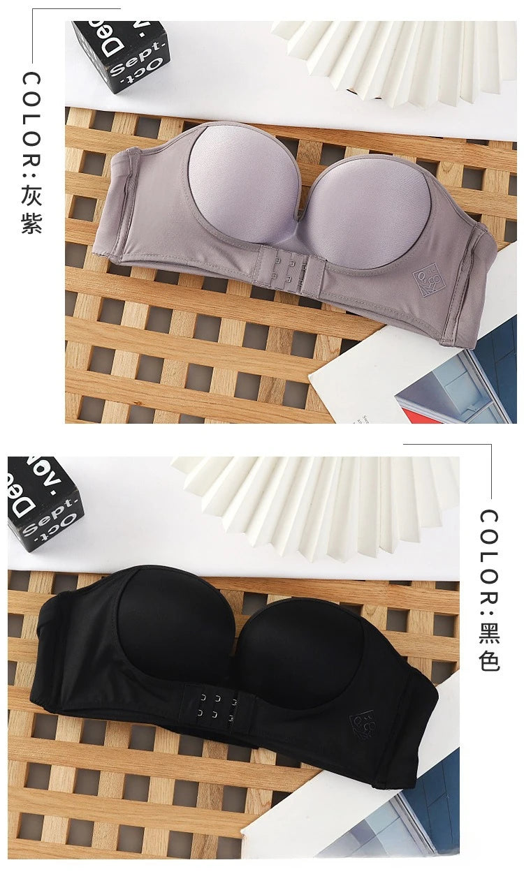 Strapless Non Slip Invisible Bra for Women Front Closure Adjustable Push Up Bra Bralette with Breathable Gather Backless Bra