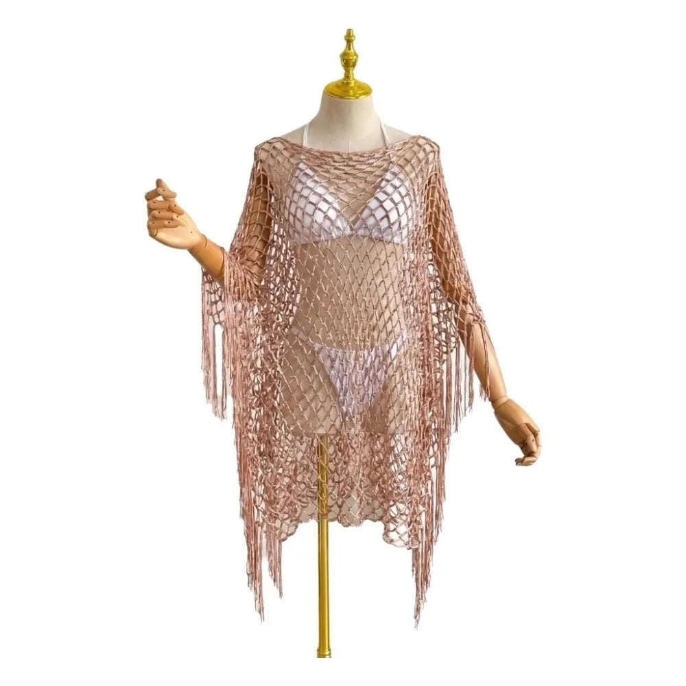 Fashion Tassel Sunscreen Cover-up Loose Fit Plus Size Bohemian Shawl Casual Crochet Fishnet Swimsuit Cover Up Summer