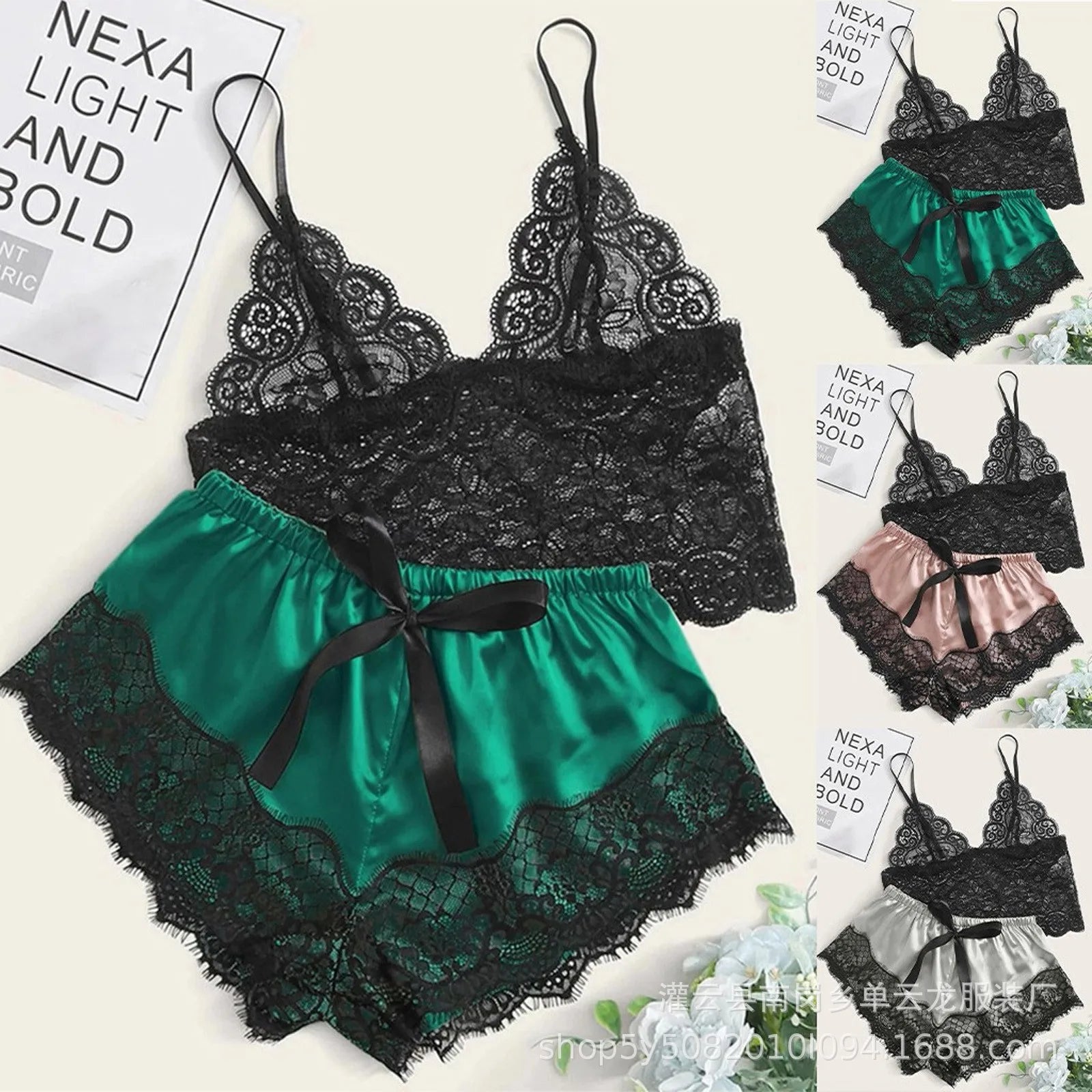 Mengya Women Lace Satin Two Piece Lingerie Set Spaghetti Strap Camisole Silky Lace Trim Shorts Nightwear European American Style