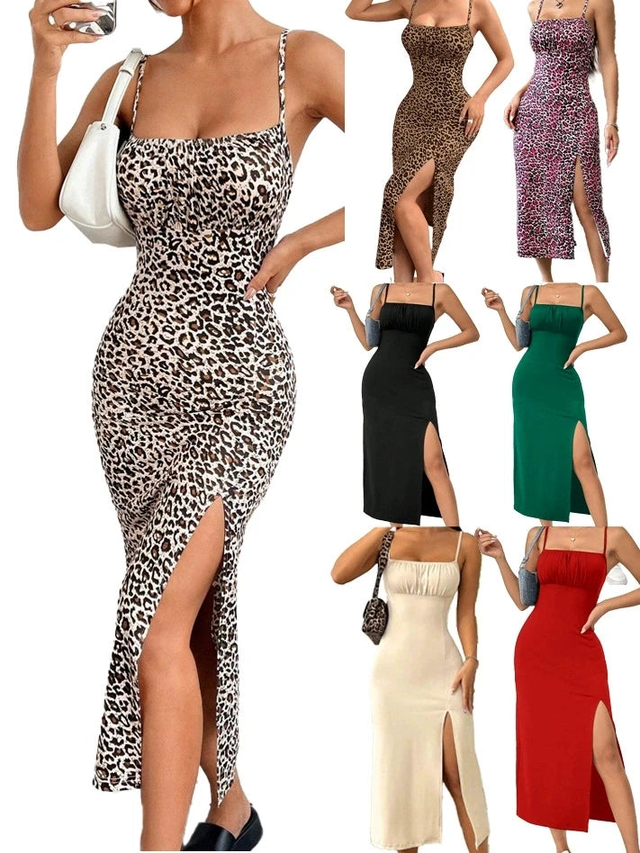 Summer slip dress women's slip bandeau tight height slit solid color leopard print hip skirt